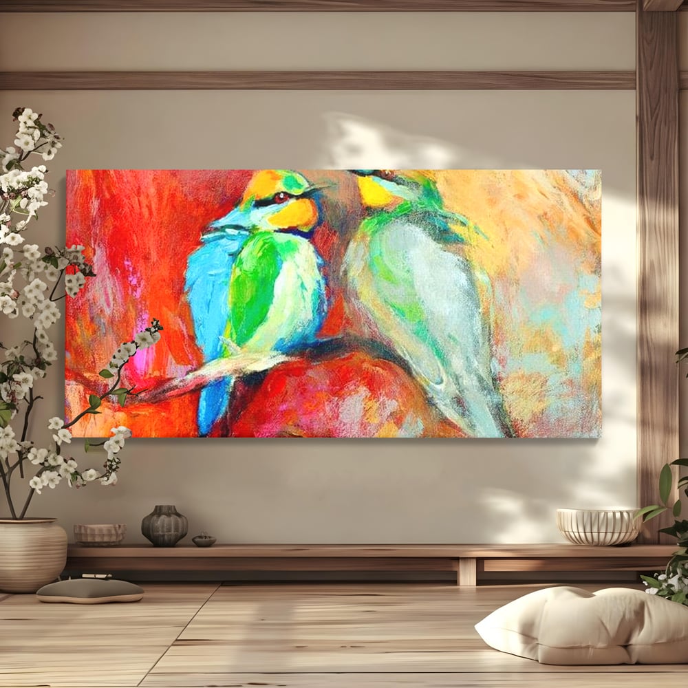 Tablou canvas cu tablou canvas cu doua pasari colorate pe creanga, fara rama, pe sasiu de lemn